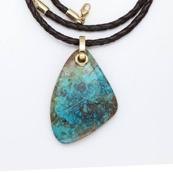 Chrysocolla Natural Stone Necklace 14K Yellow Gold & Leather - Picture 1 of 11